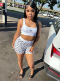 Crop Top 2 Piece Set Women Sleeveless Top & Shorts Summer Moon Printed Sports Club Party Streetwear Outfit