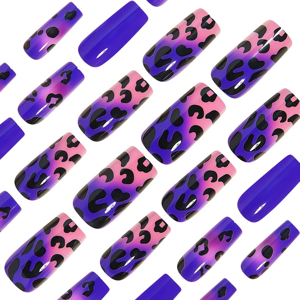 Medium fake nails tips for women girls gradient purple blue green red black leopard printing Square almond tips press on nails