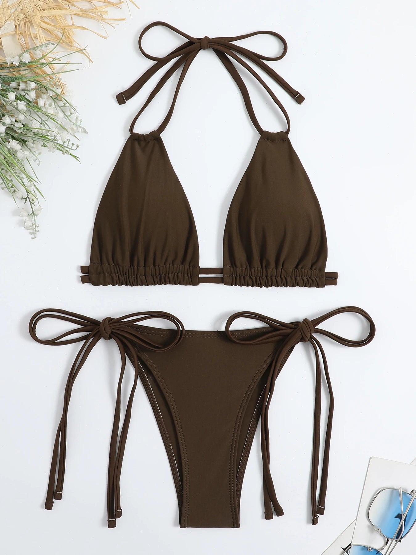 2025 Sexy Solid Bandage Bikini Halter Strappy Swimwear Women Swimsuit Female Two Pieces Bikini Set Low Waist Bathing Suit Bather