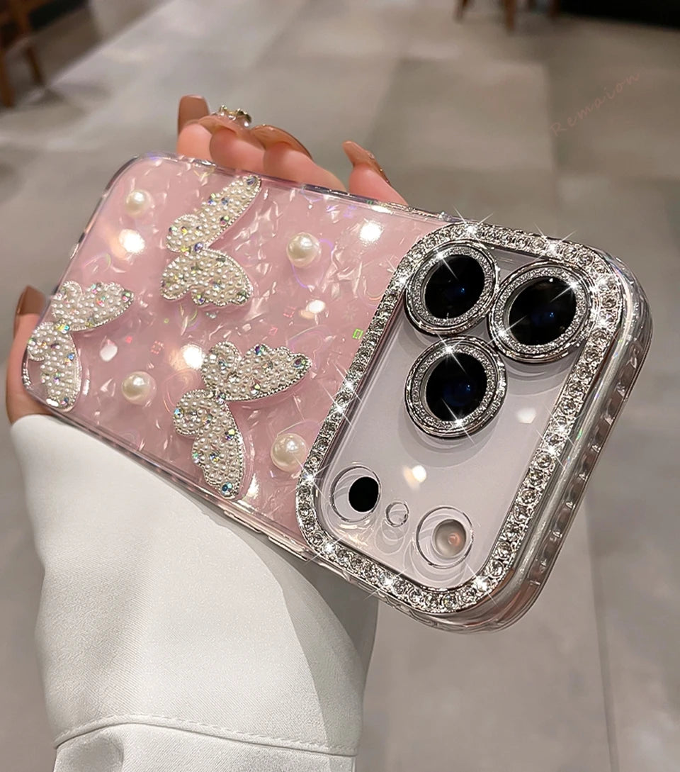 Diamond Bling Glitter Phone Case For iPhone 17 Air 11 12 13 16 Pro Max 15 14 16 Plus 17Pro Max Cute Butterfly Protector Cover