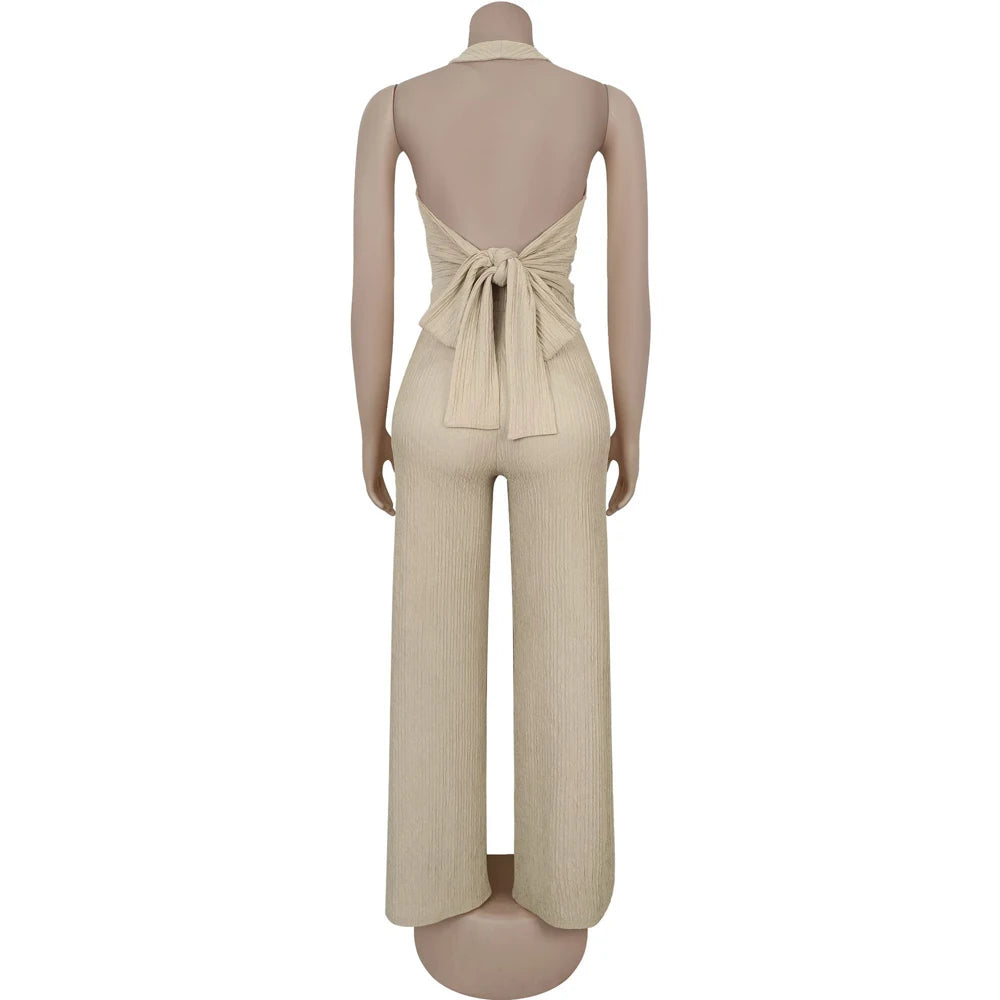 Fashion Ribbed Women's Set Backless Halter Neck Crop Top and Wide Leg Pants Suit 2025 Summer Street Wear Casual 2 Two Piece Sets