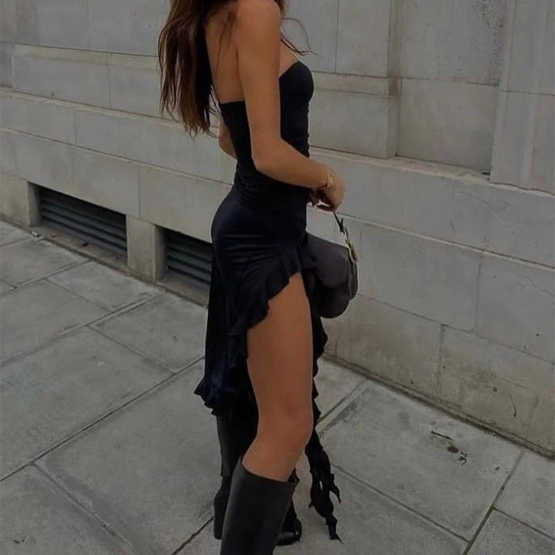 Sexy Strapless Tube Long Dress Summer Women Sleeveless Backless Irregular Layered Ruffled Tassels Skirt Y2K Fashion Slim Dresses