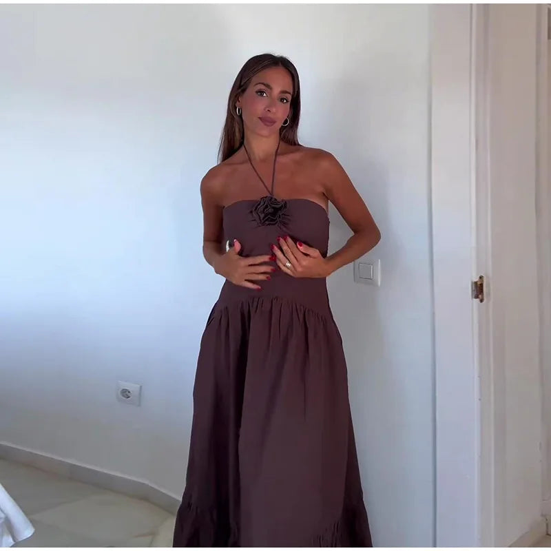 Elegant 3D Flower Long Dress Women Halter Backless Pleated Female Pary Dresses 2024 Fashion Street Sleeveless Solid Lady Robes