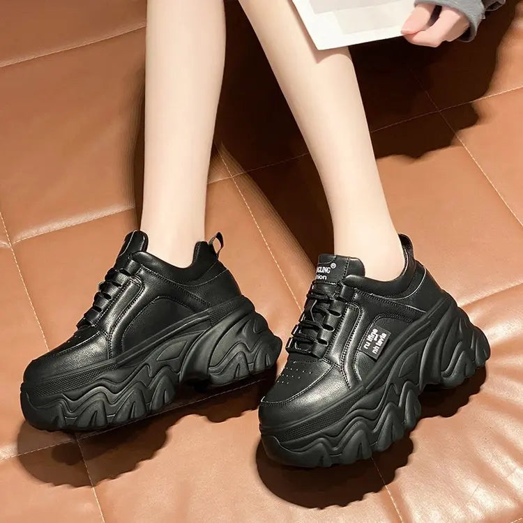 Women Shoes Trend White Black Chunky Sneakers Autumn Winter Thick Bottom Dad Shoes High Quality PU Leather Platform Sneakers New