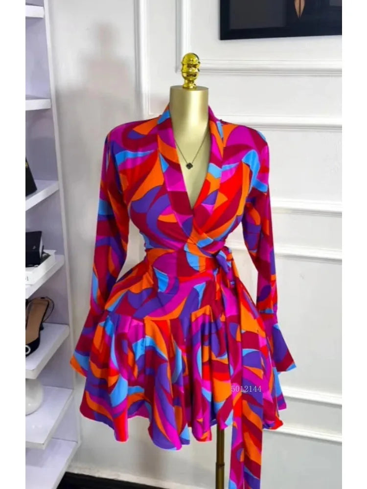 Elegant Women Tie Dye Print Flare Long Sleeve Wrap V-neck with Sashes Ruffle Dress 2026 Elegant Vacation Party Birthday Dresses