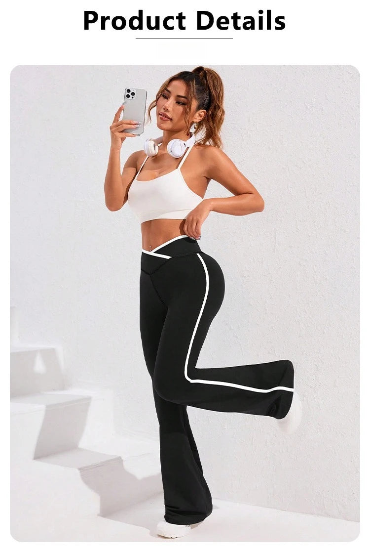 Side Stripe Flared Yoga Pants Women Cross Waist High Rise Butt Lifting Wide Leg Outdoor Slim Fit  Wicking Sportswear