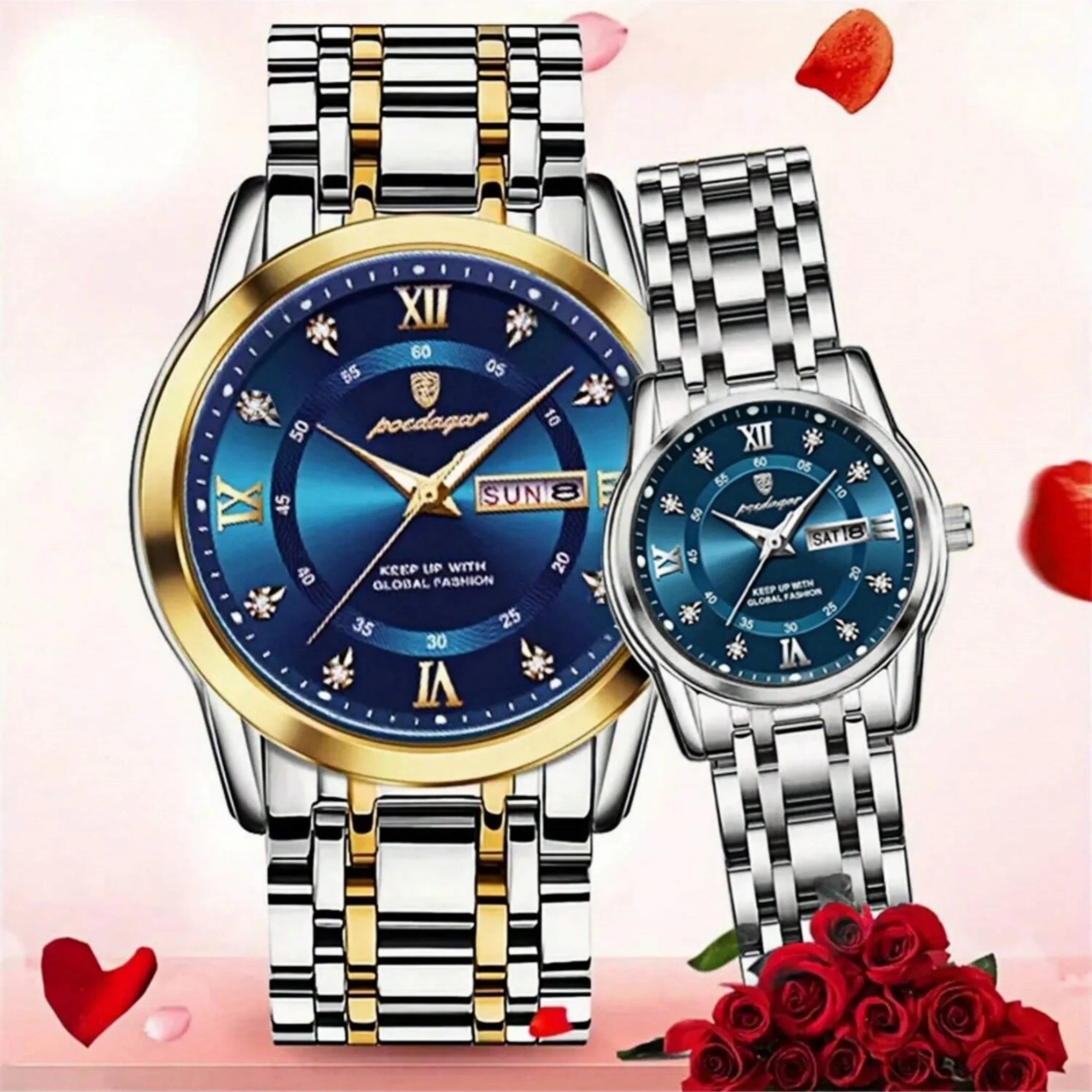 Couple business watch, wedding souvenir, dual calendar function, luminous and water-resistant stainless steel quartz watch