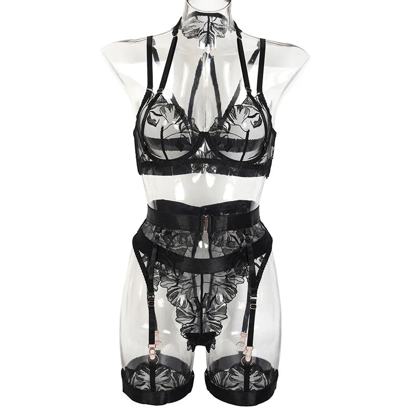 Diccvicc Sensual Lingerie Floral Lace Halter Bra Fancy Garter Set See Through Women Sexy Underwear Fine Exotic Intimate Outfits