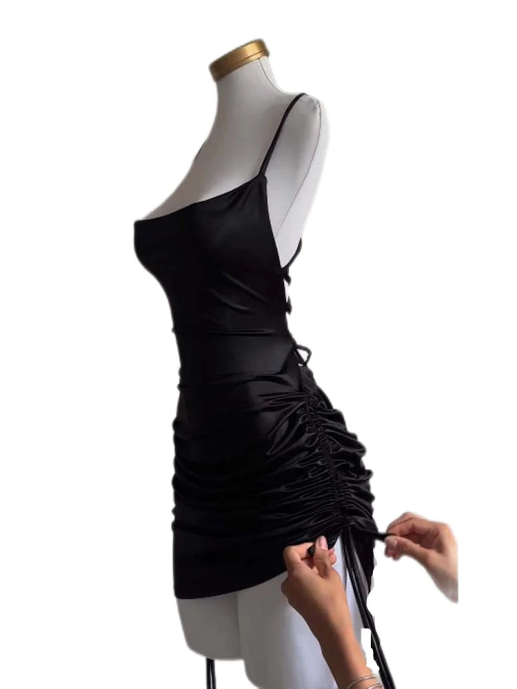 Y2K Sleelveless Backless Mini Dress Women Summer 2025 Europe America Lace Up Bodycon Dresses High Street Party Club Black Dress