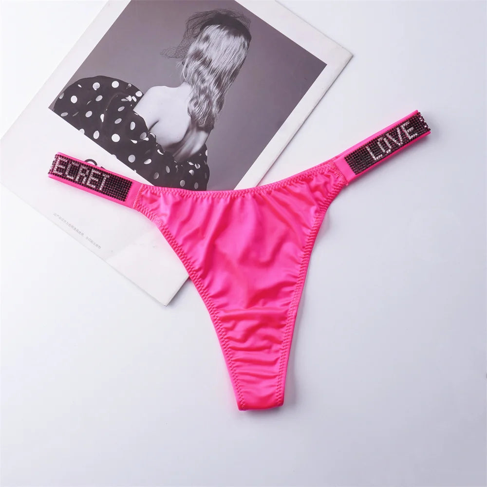3PCS Sexy Low Waist Rhinestone Waistband Smooth Silk Thong Women Invisible G-string Plus Size S-XL Seamless Lingerie