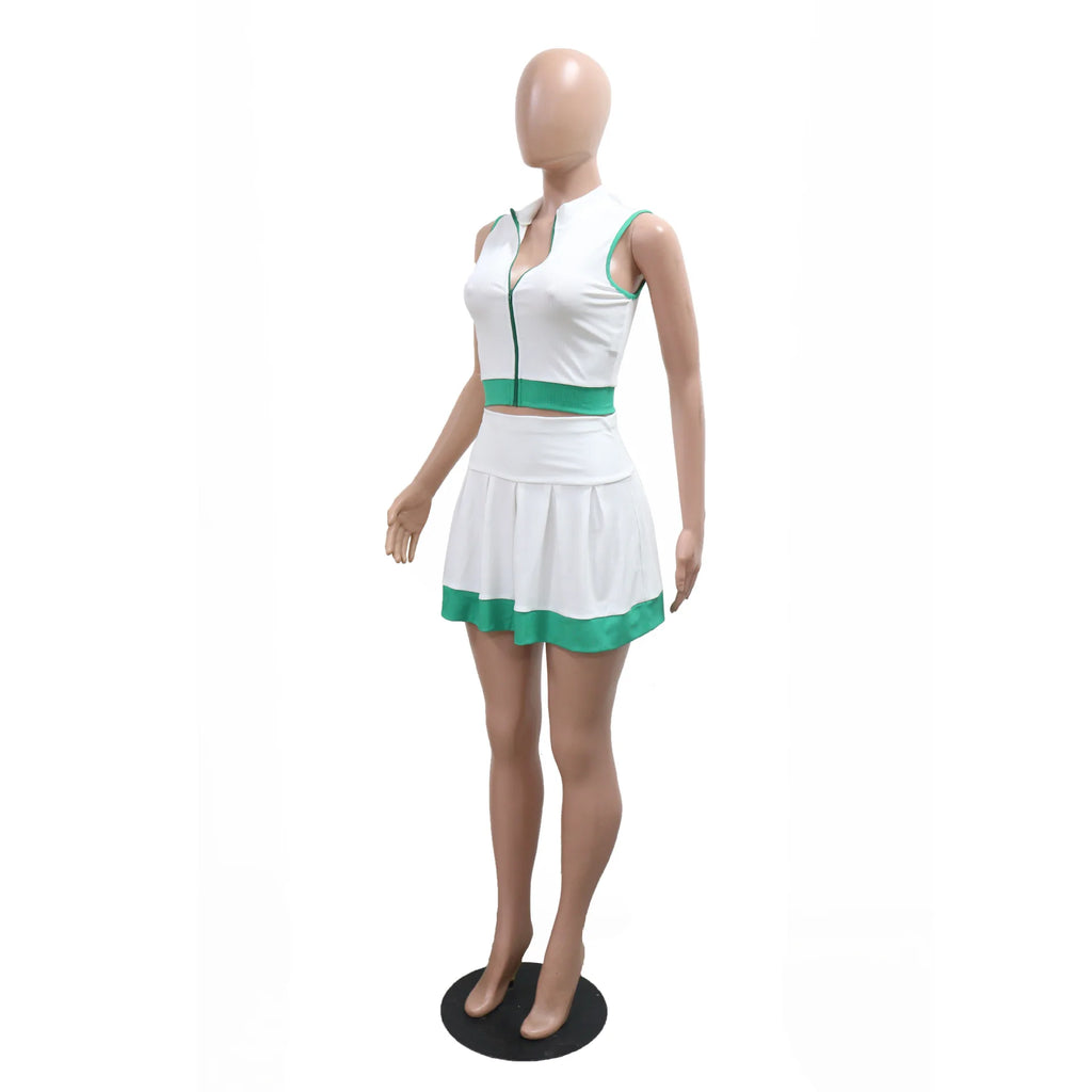 Women Two Piece Sets Shorts Skirt Set Zipper Sleeveless Sexy Tops Short Skirts A Line High Waist Y2k Streetwear Elegant Work