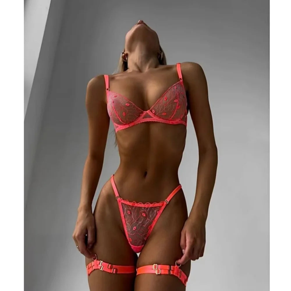 Krasapt Sexy Orange Transparent Lips Embroidery 3pcs Fancy Woman Bra And Panty Underwear Set With Leg Rings Erotic Lingerie Sets