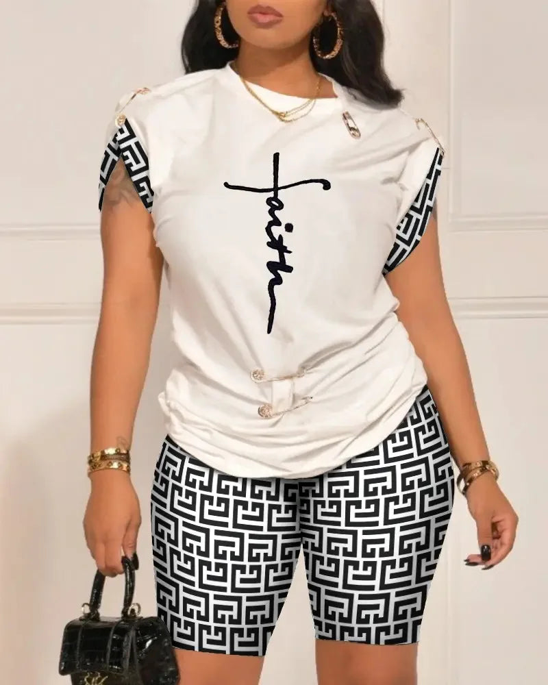 Women Leisure Pin Digital Printing Set O Neck Short Sleeve T-shirt And Shorts 2 Pieces Sets Summer Top + Short Pant 2 PCS Suits