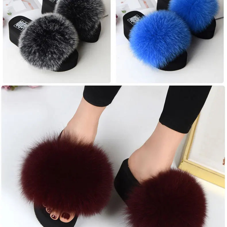 Women Fox Fur Slippers Woman Fashion Sandals Girls Casual Fur Slides 7cm Thick Sole Summer Platform Shoes Modern Slippers Wedges