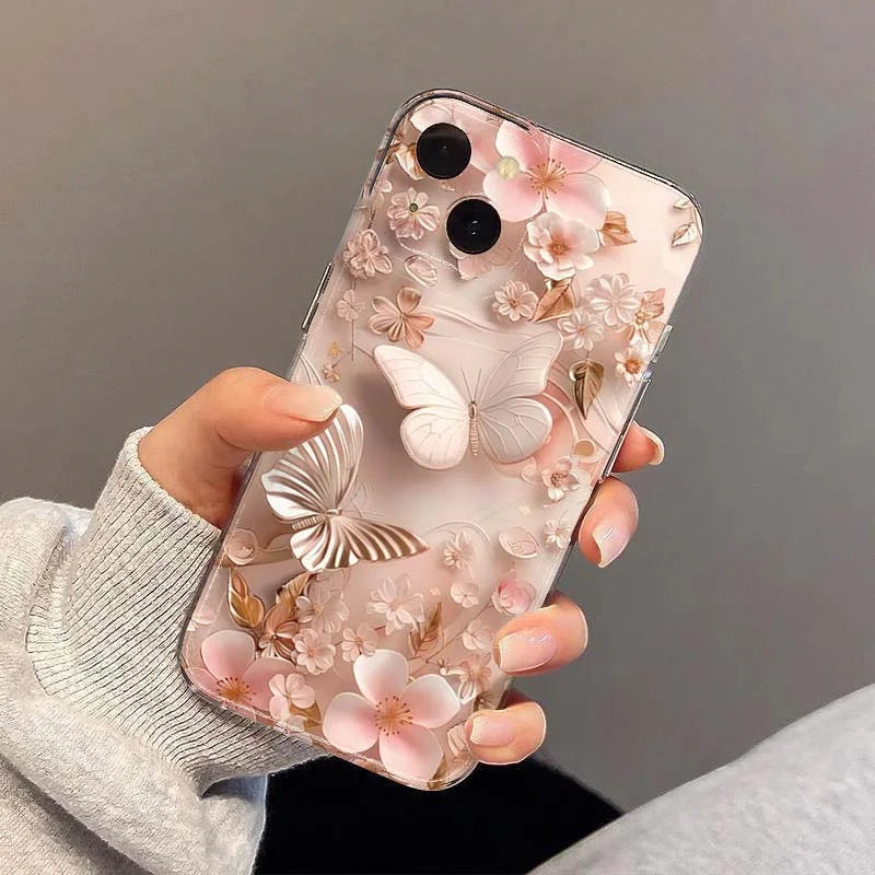 Creative Butterfly Flower Pattern Phone Case For iPhone 11 12 13 14 15 16 17 Pro Max XS X XR 7 8 Plus 16e Transparent Soft Cover