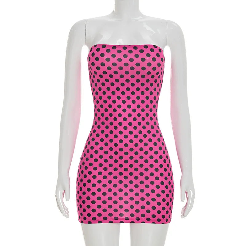 Sexy Strapless Backless Mini Dress Women Dot Print Party Club Y2K Clothes Bodycon Summer Off Shoulder Sleeveless Dresses Outfit