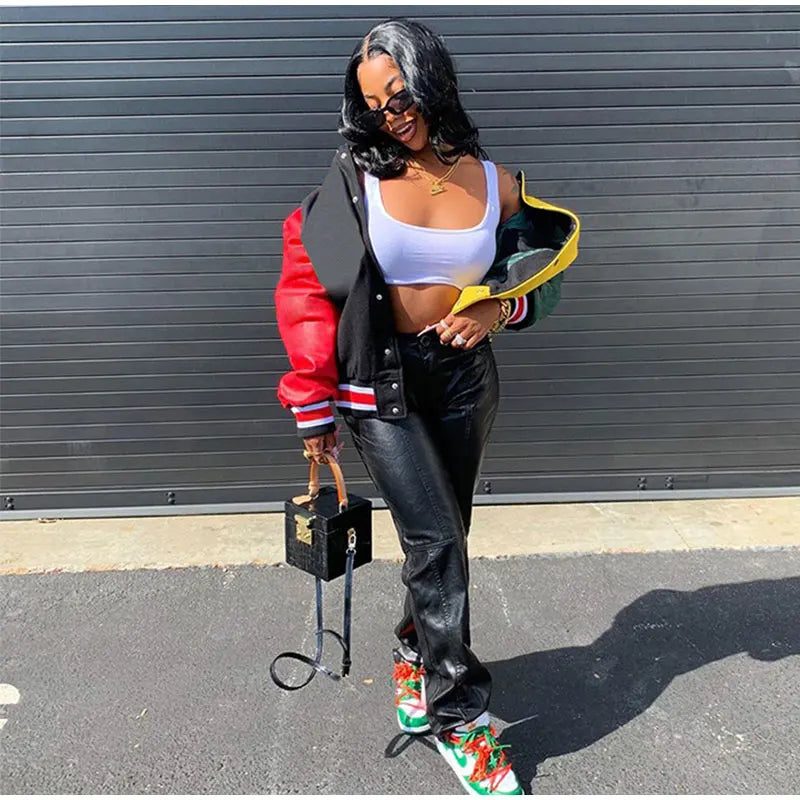 Women Patchwork Contrast Color Letter Embroidery Jackets 2025 Fashion Single Breasted Coat Female Full Sleeve Streetwear XS-4XL