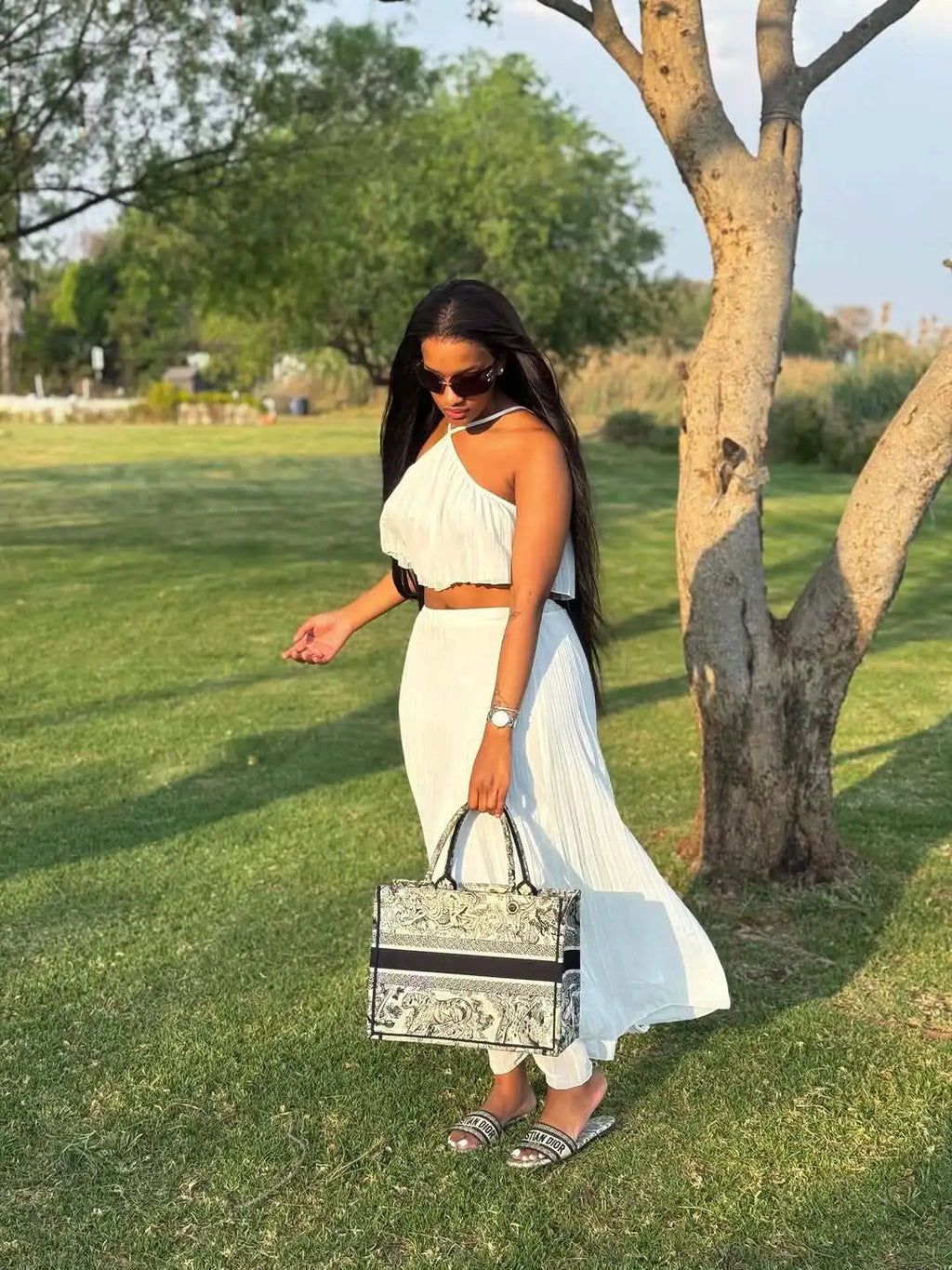 2026 New Summer Female 2 Piece Skirt Set Outfit Fashion Halter Neck Long Skirt Suit Women Backless Sling Top Lace Up Maxi Skirts