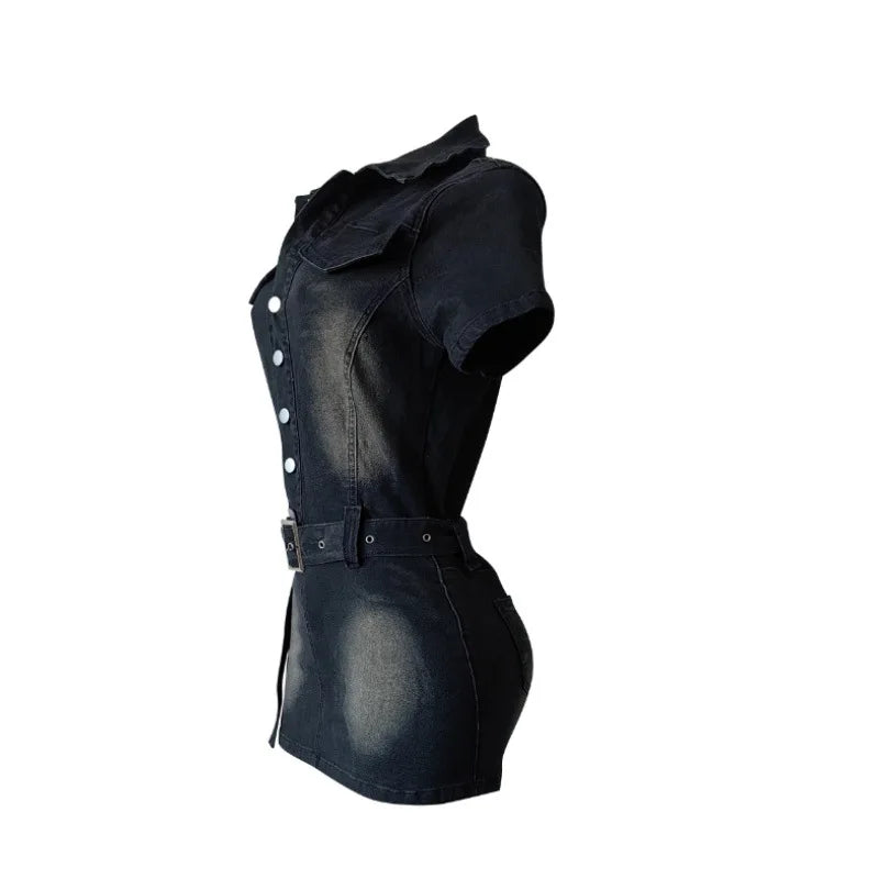HLJ Fashion Denim Bodycon Mini Dresses Women V Neck Short Sleeve Slim Vestidos Summer New Cowboy Stretchy Streetwear Dress 2025