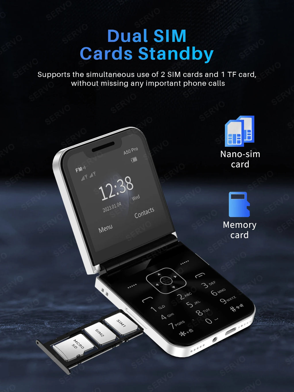 SERVO A50 PRO Flip Mobile Phone 2G GSM 2.4" Display Auto Call Recorder Speed Dial 2 SIMs Foldable Telephones Official Authentic