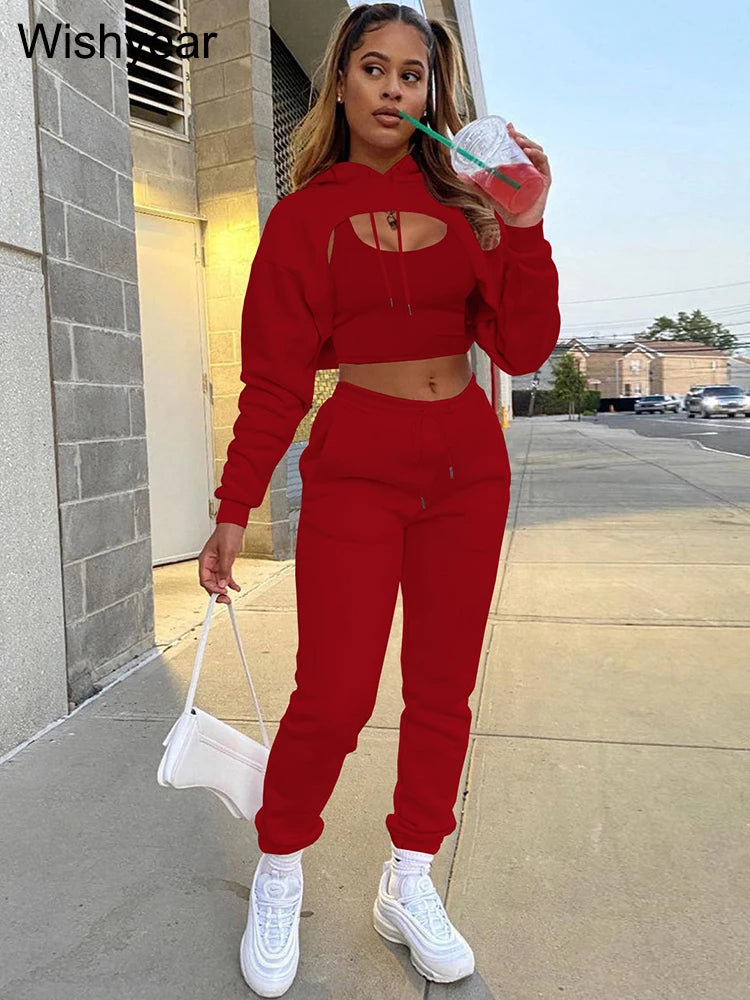 Tracksuit 3 Pieces Pants Sets for Women Velvet Hoodie Crop Tops+Vest+Sweatpants Matching Suit Sport Jogger Winter Fall Outfits