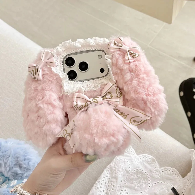 Plush Cute pink blue rabbit  Phone Case for IPhone17 16 15 14 13 Pro Max Soft Silicone Warm Fur Anti-drop luxury Back Cover