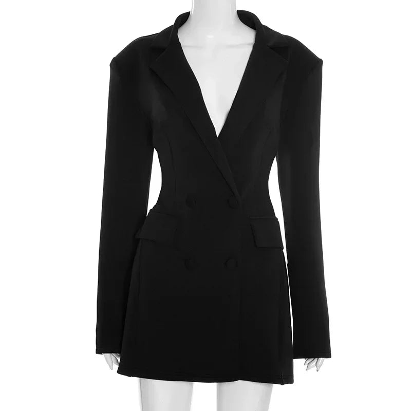 Chic Waist Cinching Women Mini Dress Fashion Full Sleeve Deep V-neck Double Breasted Short Dresses Lady Daily Party Street Gown