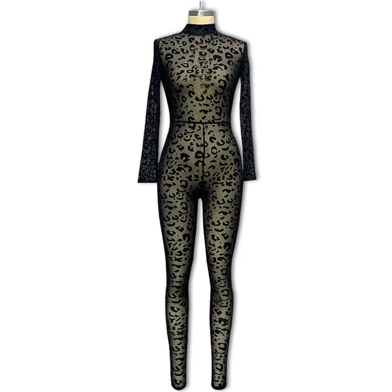 2026 Animal Instinct Mesh Bodystocking Leopard See Through Velour Long Sleeve Rompers Womens Jumpsuit Sexy Midnight Clubwear
