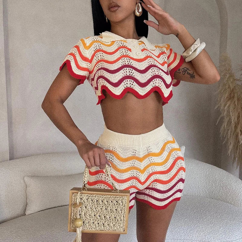 Women Wave Print 2 Piece Set Colorful Knit Stretch Thin Button Crop Tops+Shorts Matching Tracksuit Streetwear Outfits
