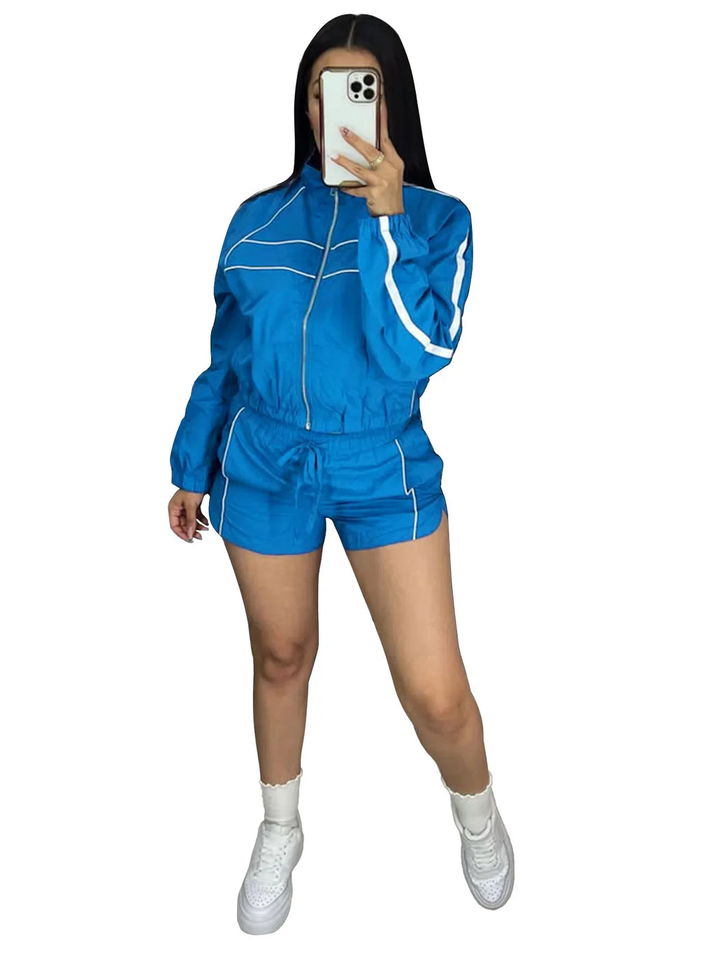 BWQ Women's Set Long Sleeve Jacket + Shorts Suit 2025 Summer Streetwear Active Slim Sporty Two 2 Piece Set Outfit Tracksuit