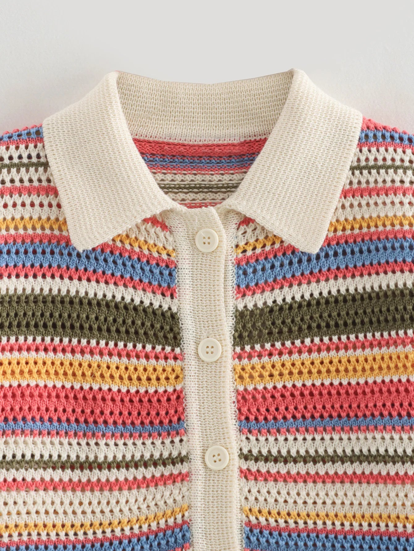 Women Patchwork Striped Hollow Out Crochet Knitted Crop Sweater Shorts Set Short Sleeve Polo Collar Sweater Knit Shorts Suit Y2K