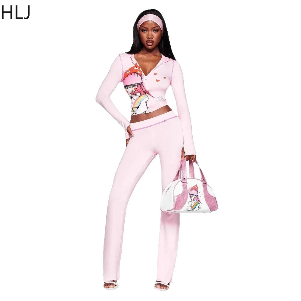 HLJ Y2K Trend Fashion Pattern Print Hooded Two Piece Sets Women Zip Long Sleeve Slim Crop Top + Skinny Pants Outfits Streetwear