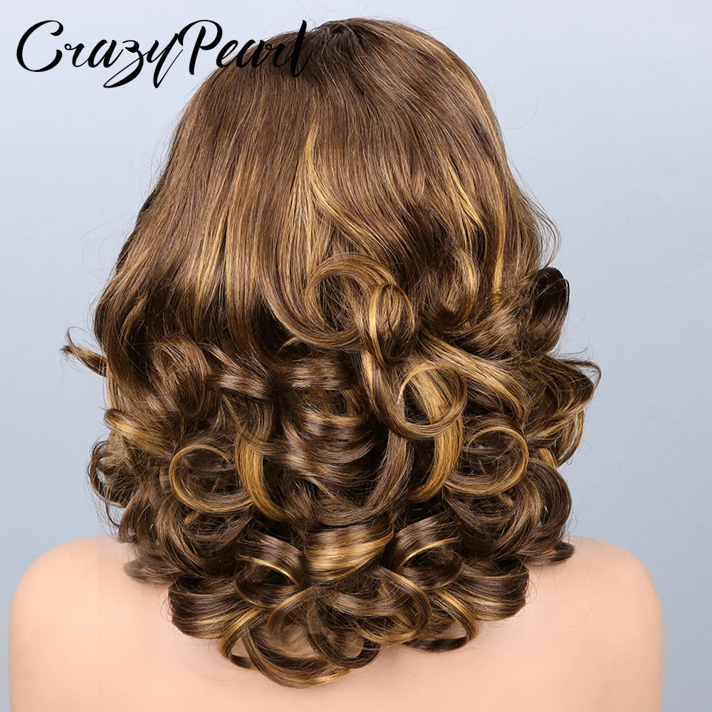 CrazyPearl P4/27 Highlight 5X5 Lace Closure Wigs Human Hair Bob Wigs Ombre Brown Blonde Body Loose Wave 16Inch Wigs For Woman