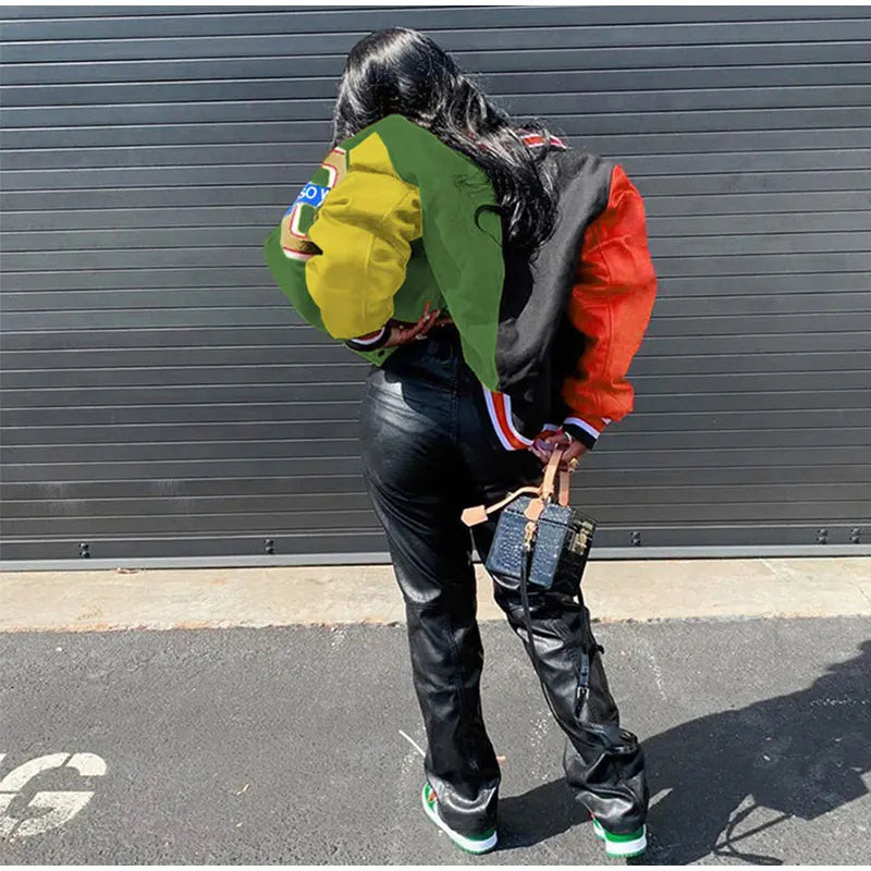 Women Patchwork Contrast Color Letter Embroidery Jackets 2025 Fashion Single Breasted Coat Female Full Sleeve Streetwear XS-4XL