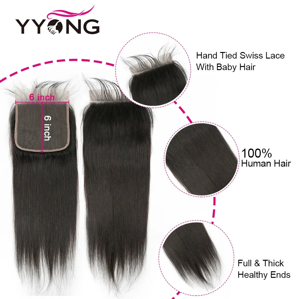 YYong Straight Hair Bundles With 6x6 Lace Closure Remy Brazilian Human Hair Weave Bundles With Closure Hair Extension