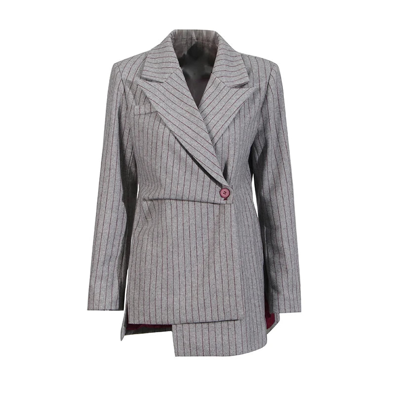 VGH Striped Printing Design Sense Chic Blazer For Women Notched Collar Long Sleeve Spliced Button Slimming Blazer Female Fashion