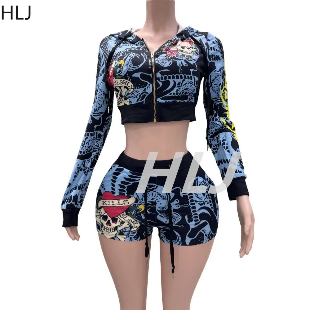 HLJ&GG Fashion Y2K Pattern Print Hooded Two Piece Sets Outfits Women Zipper Long Sleeve Crop Top And Shorts Tracksuit Streetwear