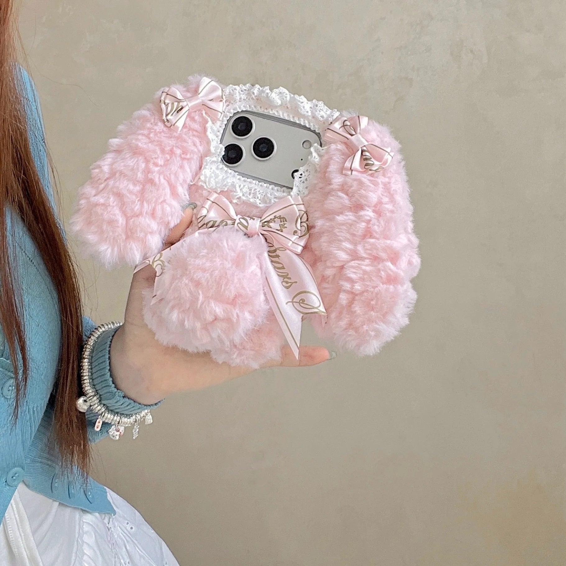 Plush Cute pink blue rabbit  Phone Case for IPhone17 16 15 14 13 Pro Max Soft Silicone Warm Fur Anti-drop luxury Back Cover