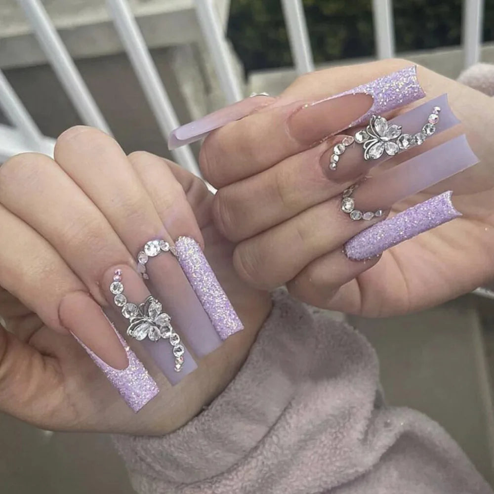 24pcs French Bow Press on Nails Extra Long Coffin Pink Sweet Nails Tips Love Pearl Diamond Fake Nail Square Ballet False Nail