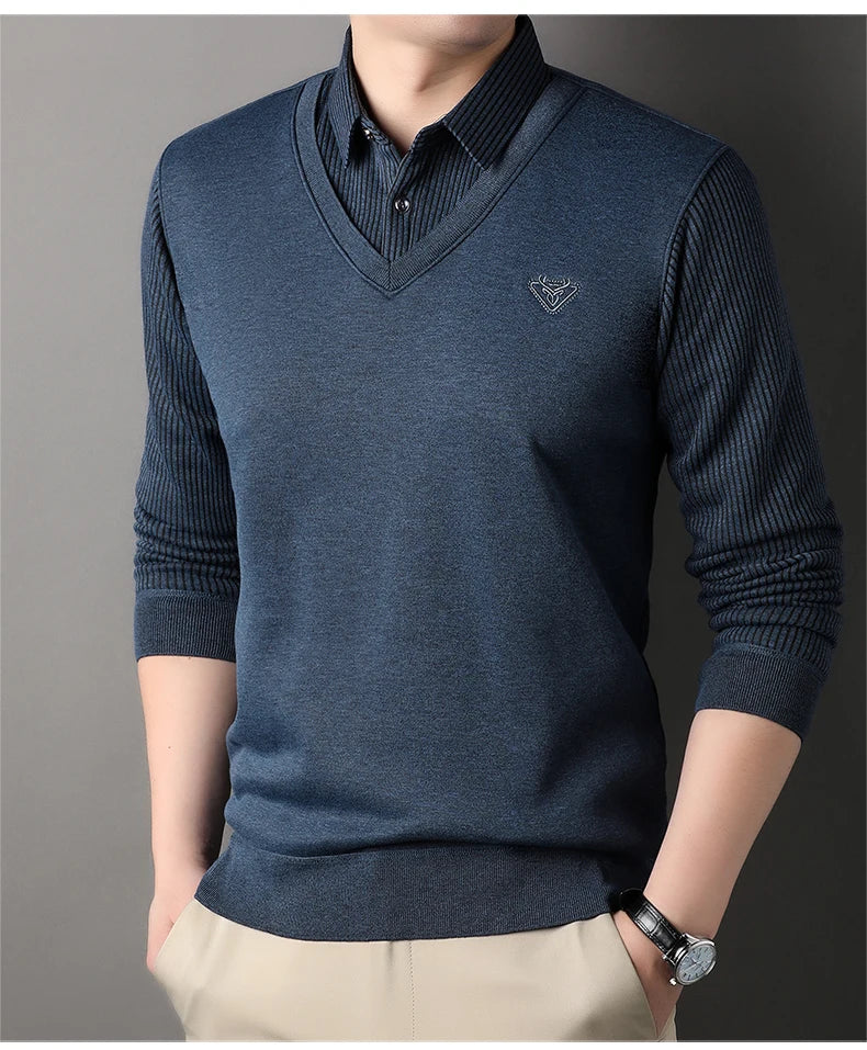 New Autumn Men's Polo Collar Shirts Fashion Knitting Pullovers Striped Thick Polo Shirts Slim Fit Korean Mens Top Clothes