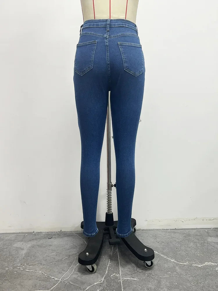 Hole Jeans Women Denim Pencil Pants Streetwear Washed Skinny Stretch High Waist Distressed Ripped Ankle Length Trousers 2025