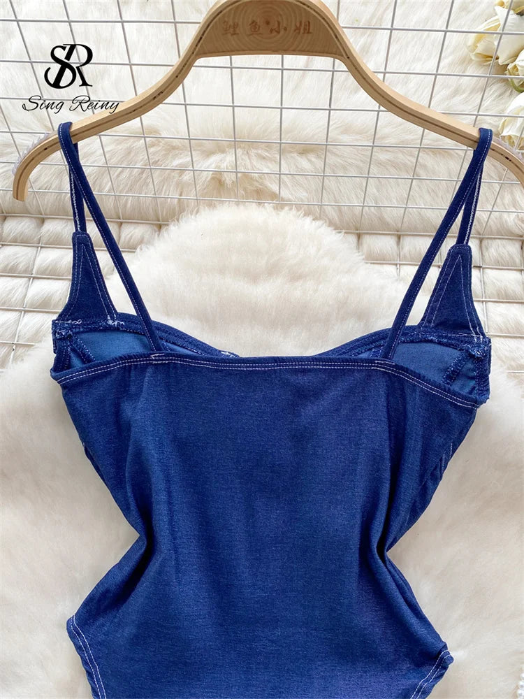 SINGREINY American Vintage Denim Bodysuits Spaghetti Strap Skinny Women Playsuits Fashion Streetwear Slim Sexy Zipper Rompers