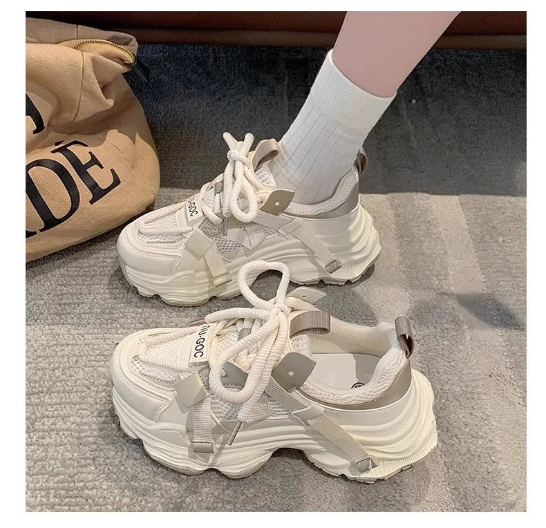 Women's Chunky Sneakers  Breathable Mesh Platform Sports Shoes Woman Fashion Lace Up Thick Sole Casual Shoes Mujer