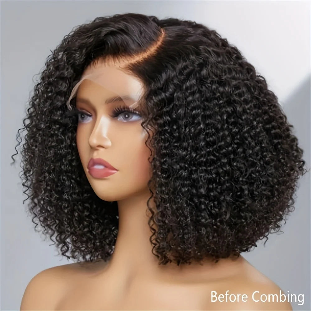 Short Bob Black 13*4*1  16 Inch 180Density Glueless Synthetic Kinky Curly 13x4 Lace Front Wig For Women Babyhair PrePlucked
