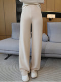 100% Merino Wool Wide Leg Pants Women's Elastic Waist Twist Flower Jacquard Trousers Autumn Winter Soft Solid Knitted Wool Pants