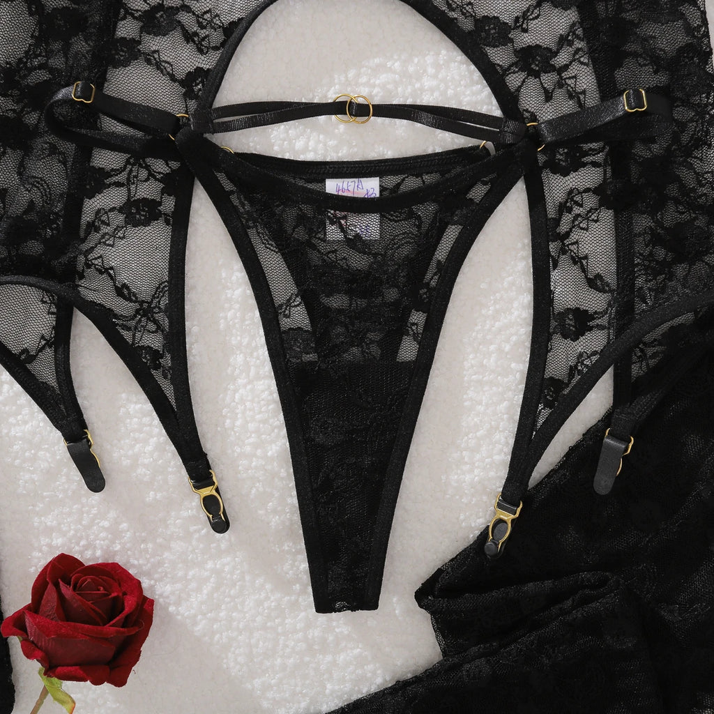 AVELINE 2025 Elegant Lace Underwear Set thong shaping ultra-thin see through stockings women's sexy five piece set