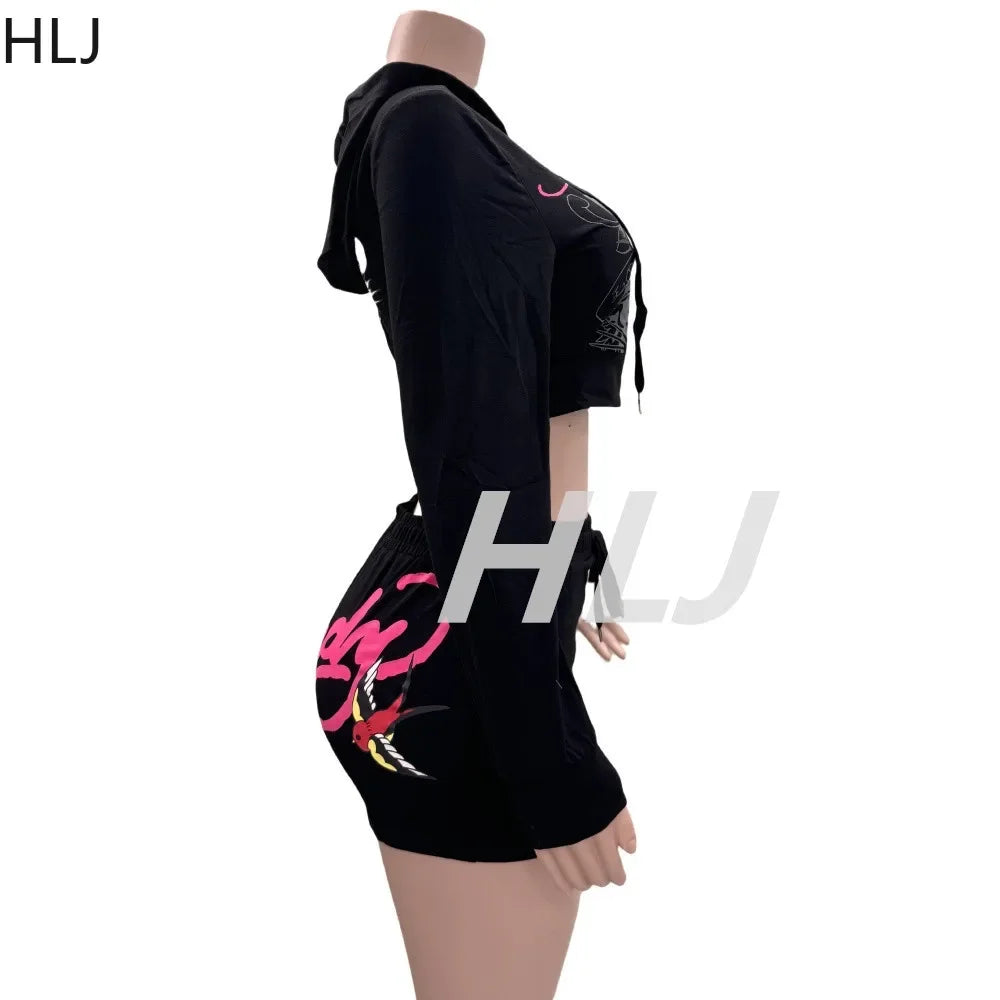 HLJ&GG Fashion Y2K Pattern Print Hooded Two Piece Sets Outfits Women Zipper Long Sleeve Crop Top And Shorts Tracksuit Streetwear
