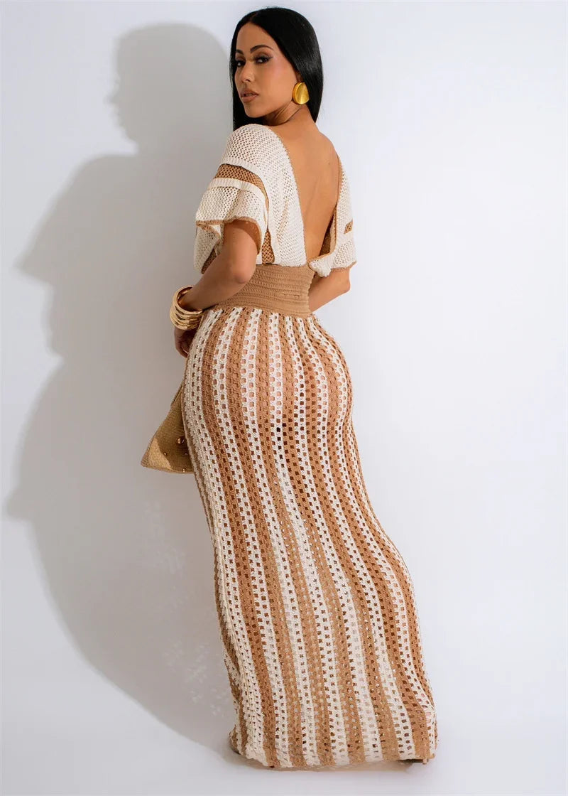 Striped Knitted Two Piece Set Women Outfit Y2K Clothes Clubwear Party Hollow Out V-neck Crop Top and Long Skirt Maxi Dress Sets
