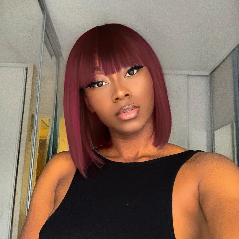 Orange Blonde Short Cut Straight Bob Wigs Rebecca With Bangs Red 99J Human Hair Brazilian Straight Machine Made Human Hair Wigs