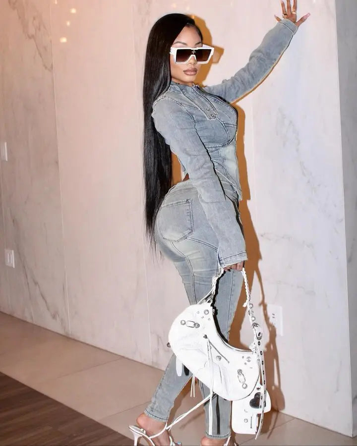 Denim Pant Set Women Two Piece Sets Matching Sets Zipper Short Tops Coats Long Pants High Waist Slim Fit Y2k Streetwear 2025